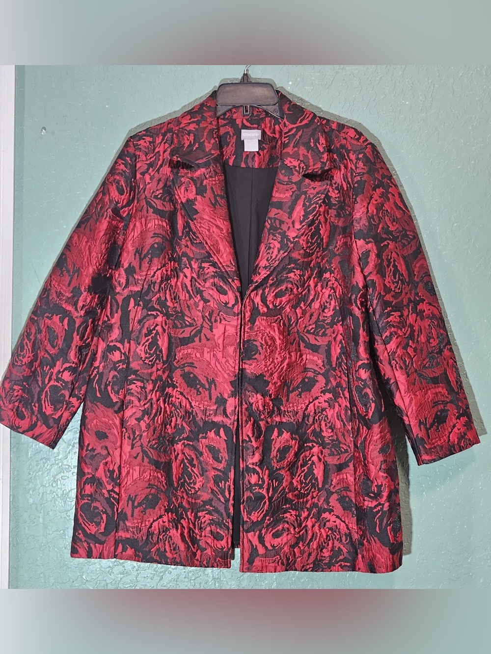 🌹 Chico’s Red Black Floral Jacquard Long Blazer Jacket Size 2P Petite